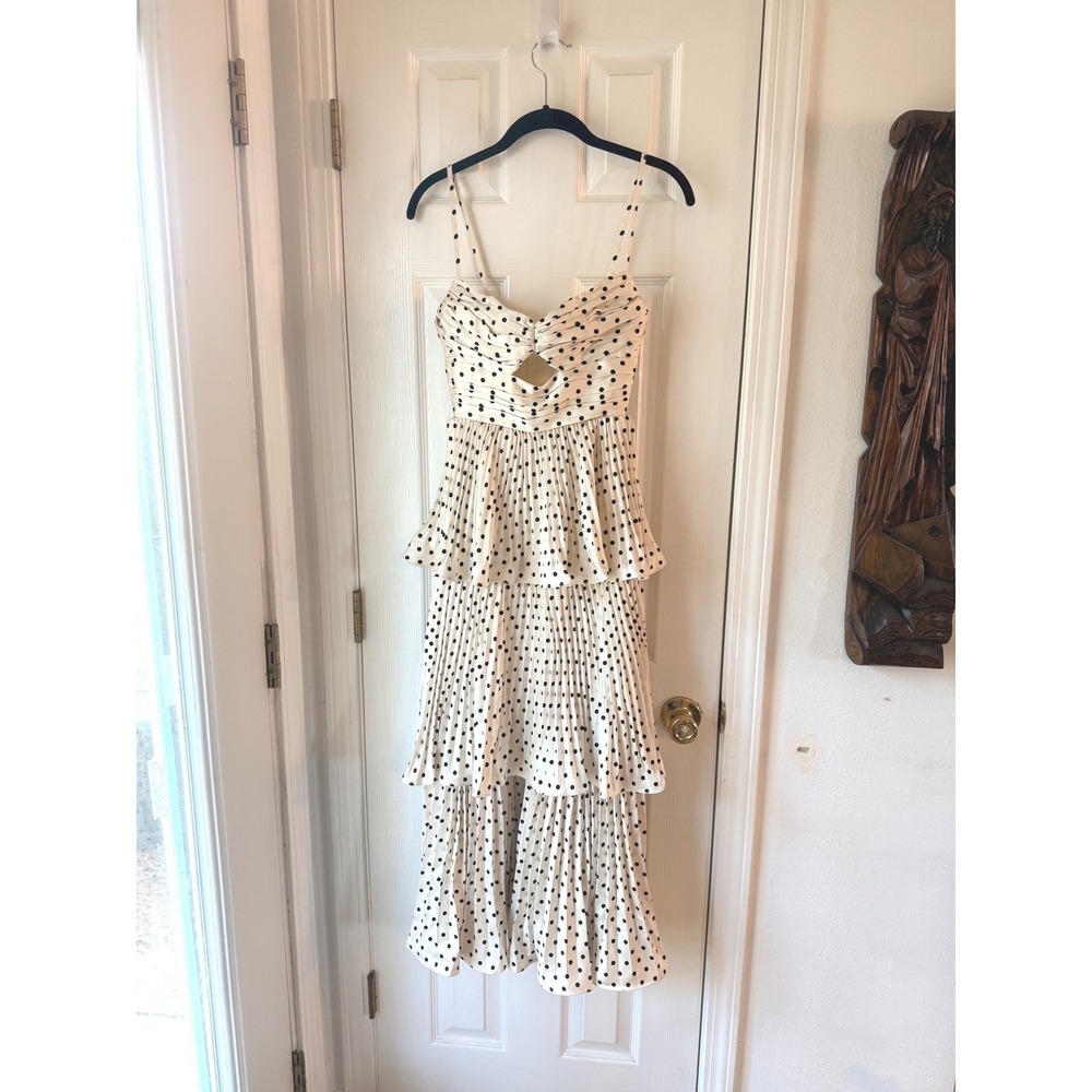 Self-Portrait Polka Dot Tiered Midi Dress Cream Black RS23-118M-C Womens‎ Size 0